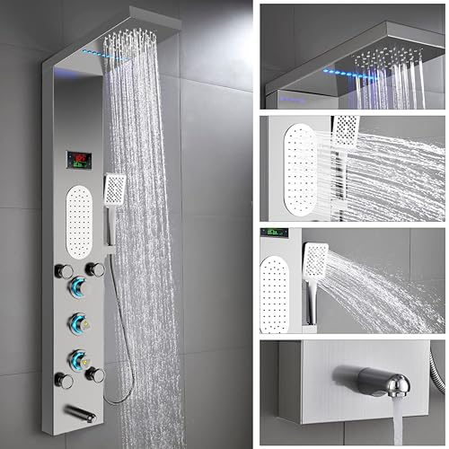 ELLO&ALLO LED Shower Panel Tower System, Rainfall and Mist Shower Head Rain Massage with Body Jets, Brushed Nickel - color: Brushed Nickel