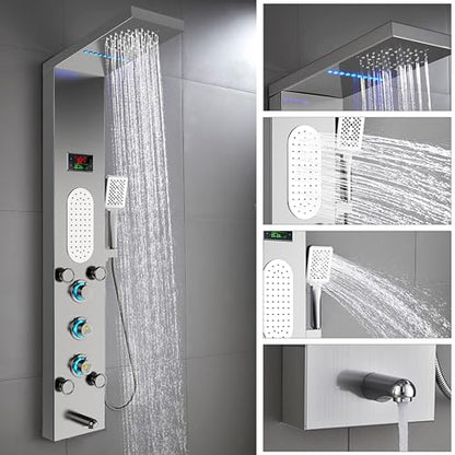 ELLO&ALLO LED Shower Panel Tower System, Rainfall and Mist Shower Head Rain Massage with Body Jets, Brushed Nickel - color: Brushed Nickel