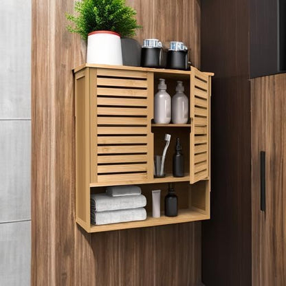 Bamboo Bathroom Cabinet,Bathroom Wall Cabinet with 2 Doors & 3 Tier Shelves | Medicine Cabinet,Over the Toilet Storage Cabinet,Bamboo Wall Storage Cabinet for Laundry Room & Living Room Kitchen