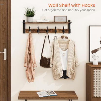 Homode Coat Rack Wall Mount, 29 Inch Long Shelf with Hooks, Wood Entryway Shelf with 5 Hangers for Hanging Hat Jacket Backpack Purse, Rustic Brown Black - color: Rustic Brown, size: 29 Inch Long