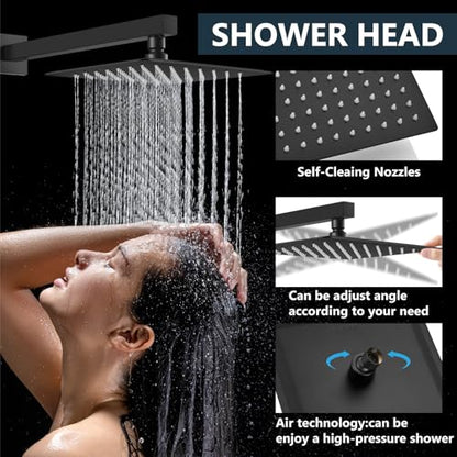 Aolemi Shower Faucet Set with Handheld Matte Black 8 Inch Head | Pressure Balance Shower Valve and Trim Kit,SUS304 Rain Head and Handle System,All Metal,Wall Mount,Bathroom,Handheld Spray - color: Black, size: 8 Inch Wall Mount Shower Head