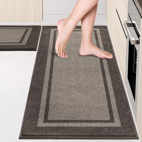 Kitchen Rugs Set (24" x 36"+24" x 60"), Non-Slip Machine Washable Kitchen Runner Rugs Floor Mats, Absorbent Comfort Standing Mat for Kitchen, Sink and Hallway, Rolled Packaging, Grayish Brown & Coffee - color: Grayish Brown & Coffee, size: 24" X 36"+ 24"