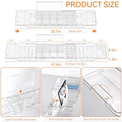Luxury Clear Bathtub Shelf Across Tub,Expandable Plastic Bathtub Tray Over The Tub Bath Caddy,Free Standing Bath Table Board & Accessories for Women Relaxing with Reading Book and Ipad Holder