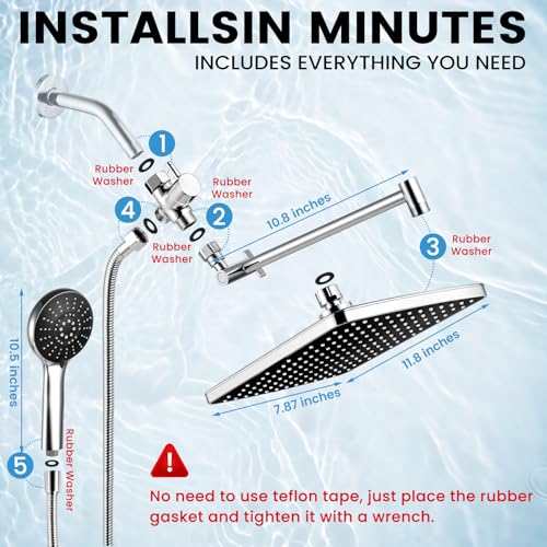 Shower Head with Handheld,High Pressure Chrome Rain Shower Head | Regaderas Para Shower,11.8" Rectangular,Rainfall Shower Head,Dual Shower Head,Bathroom Decor,Extension Arm,5 Spray Mode - color: A-Chrome, style: Rectangular 12"