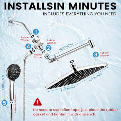 Shower Head with Handheld,High Pressure Chrome Rain Shower Head | Regaderas Para Shower,11.8" Rectangular,Rainfall Shower Head,Dual Shower Head,Bathroom Decor,Extension Arm,5 Spray Mode - color: A-Chrome, style: Rectangular 12"