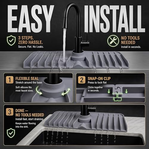Premium Kitchen Sink Splash Guard – 18" x 5.7" Silicone Faucet Mat with Secure Pressure Clip, True 10° 3D Drainage(No Pooling), Anti-Lift Design, Flexible Leak-Sealing Ring, Non-Slip Fit Behind Faucet - size: 18" x 5.7"