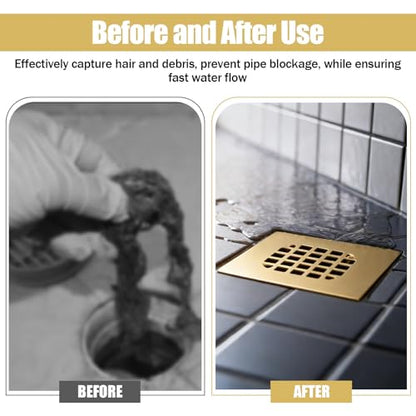4-1/4 in Square Snap-in Shower Drain Cover - 2 Pcs | Square，Golden brushed wire
