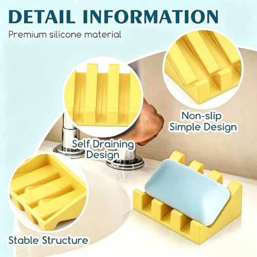 Self Draining Silicone Soap Dish Holder Waterfall Tray, 1 Pack Yellow | Waterfall design drains fast to keep soap dry, non-slip silicone base anti slide, soap saver for bathroom & kitchen - color: Yellow, size: 1