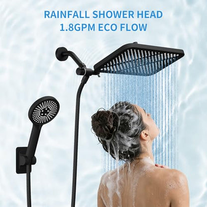 RFOUO 11 Inch Wide Rain Shower Head with Handheld, Matte Black | High Pressure Rainfall, Dual Shower Head Combo with Adjustable Arm, 3-Mode Detachable Handheld Spray,with 59 Inch Hose - color: Matte Black