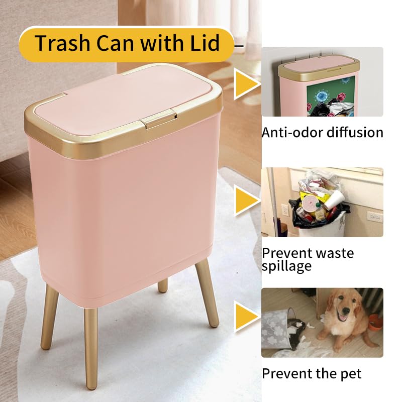 Procade Bathroom Trash Can with Lid,4 Gallon Gold and Pink Garbage Can,Slim | Tall Plastic Trash Bin with Legs and Press Top Lid,Narrow cute Small Waste Basket for Room, Bedroom,Office,Kitchen,RV,Laundry - color: Pink