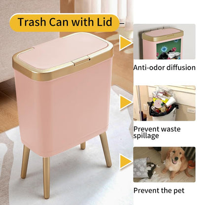 Procade Bathroom Trash Can with Lid,4 Gallon Gold and Pink Garbage Can,Slim | Tall Plastic Trash Bin with Legs and Press Top Lid,Narrow cute Small Waste Basket for Room, Bedroom,Office,Kitchen,RV,Laundry - color: Pink