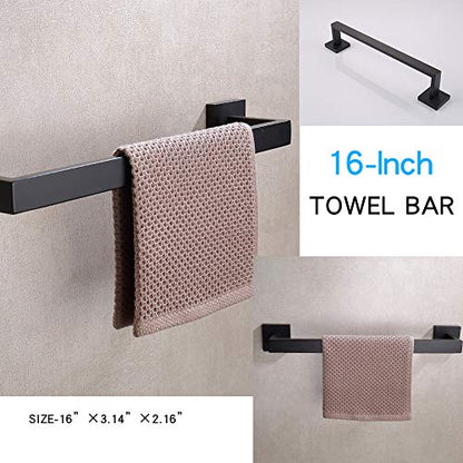 TASTOS 3-Piece Bathroom Hardware Set Matte Black Wall Mounted Bathroom Accessory Set, Premium Stainless Steel Robe Hook Toilet Paper Holder 16-Inch Towel Bar (Black) - color: Matte Black