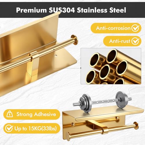 Double Toilet Paper Holder with Shelf, Wall Mount Tissue Roll Holder for Bathroom, 304 Stainless Steel Commercial Toilet Tissue Dispensers with Phone Shelf (Gold) - color: Gold