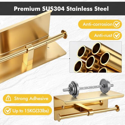 Double Toilet Paper Holder with Shelf, Wall Mount Tissue Roll Holder for Bathroom, 304 Stainless Steel Commercial Toilet Tissue Dispensers with Phone Shelf (Gold) - color: Gold