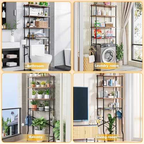 Over-The-Toilet Storage Shelf,4-Tier Bathroom Organizer Cabinet Rack And Storage Over Toilet With Shelf Waterproof Feet Pad And Basket,Multifunctional Space Saver Freestanding Bathroom Shelves（Brown） - color: Round Tube - Brown