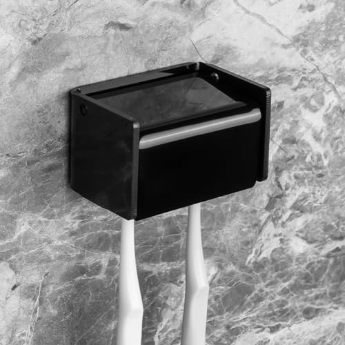 Toothbrush Holder Wall Mounted with Cover for Bathroom, 2 Slots Toothbrush Storage Organizer for Shower, Self Adhesive Toothbrush Hanger Rack for Dorm, Cabinet (Black) - color: Black Acrylic, size: 1 PACK