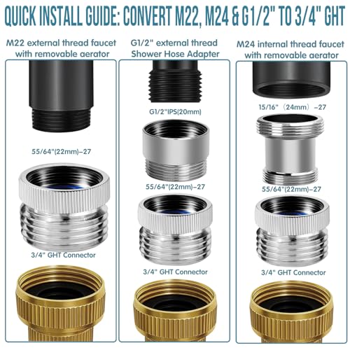 4Pcs Brass Faucet to Hose Adapter with Aerator, Sink Hose Adapter Set with Washers & Tape – Fits G1/2" Female, 55/64" Female, and 15/16" Male, Connects to 3/4" GHT Garden Hoses - color: Gold