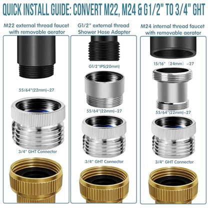 4Pcs Brass Faucet to Hose Adapter with Aerator, Sink Hose Adapter Set with Washers & Tape – Fits G1/2" Female, 55/64" Female, and 15/16" Male, Connects to 3/4" GHT Garden Hoses - color: Gold