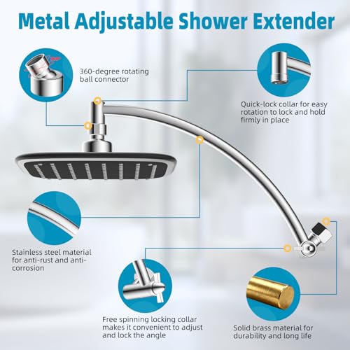 Rain Shower Head with 12" Metal Extension Arm, 10" High-Pressure Showerhead | Chrome Finished, Boosting Rainfall/Fixed Showerhead, Shower Head Extender Adjustable Height/Angle, 1-Min Easy to Install - color: Chrome, size: 12 Inch