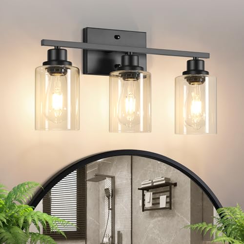 Ascher Bathroom Light Fixtures, 3-Light Vanity Light Over Mirror, Matte Black Wall Sconces with Clear Glass Shades, Wall Lamp for Living Room Bedroom, E26 Base(Bulbs Not Included) - color: Black & Clear Glass, size: 3-Light