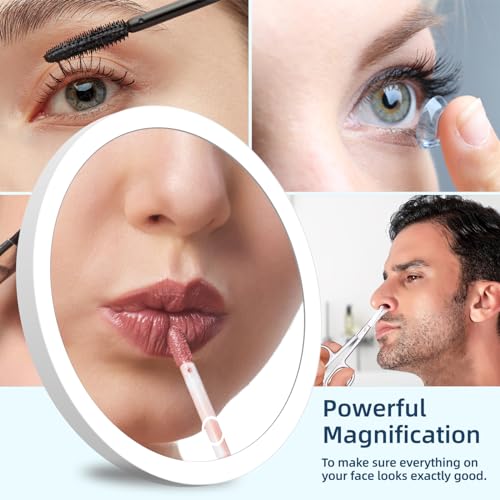 20X Concave Magnifying Mirror with Lights, 3-Color Light Adjustable Brightness, 6inch Travel Magnified Mirror with Suction Cups, Large 20x High Makeup Magnification and Tweezers - color: Pink-20x