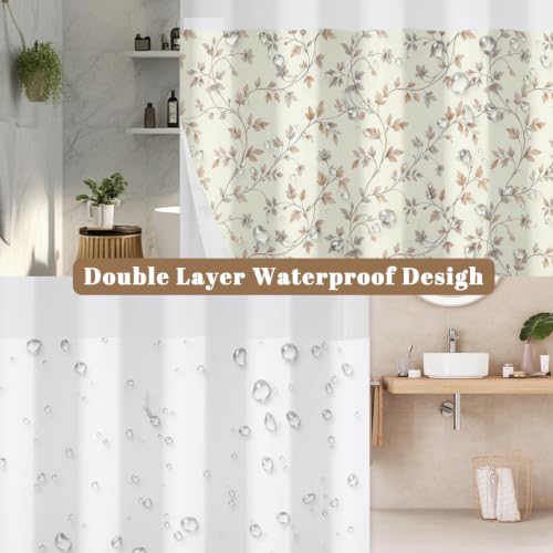 Beige Botanical Shower Curtain with Snap in Liner, 71x74 Inch | No Hooks Needed, Mesh Top & Double Layer Waterproof Bath Curtain, Neutral Plant Vine & Leaf Design for Farmhouse Bathroom - color: Foliage
