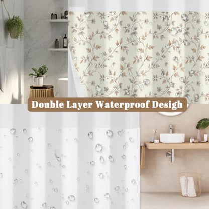 Beige Botanical Shower Curtain with Snap in Liner, 71x74 Inch | No Hooks Needed, Mesh Top & Double Layer Waterproof Bath Curtain, Neutral Plant Vine & Leaf Design for Farmhouse Bathroom - color: Foliage