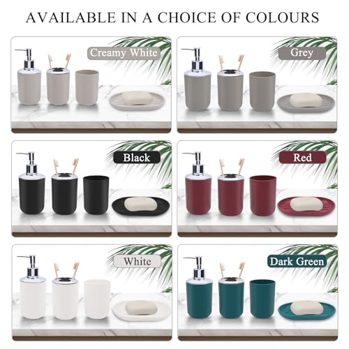 LGURT 4-Pc White Bath Accessories Set — Dispenser, Holder, Cup & Dish | Matte Plastic, Bathroom Vanity, Counter Organizer, Soap Dish & Rinse Cup, Gift - color: White