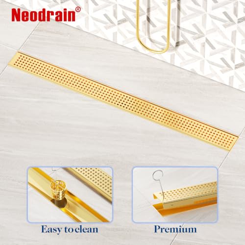 Neodrain 30" Linear Shower Drain, Gold 304 SS Bathroom Linear Drain,cUPC | Gold Shower Drain with Quadrato Grate& Adjustable Feet, Long Rectangle Shower Floor Drain in Bathroom, Balcony etc - color: Golden, size: 30 In