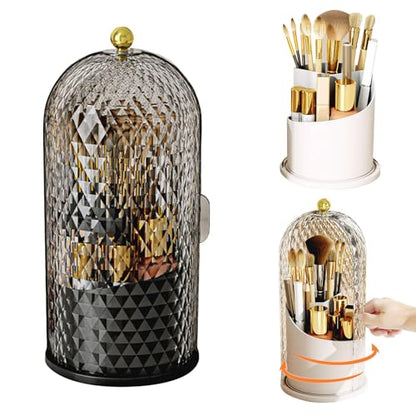 Concealed Toothbrush Holder, Makeup Brush Holder Organizer with Lid 360 Rotating Clear Dustproof for Dresser Tabletop Bathroom Countertop (Black) - color: Black