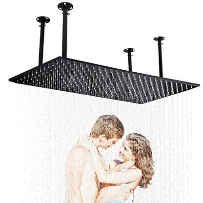 Luxury Large Ceiling Rectangle Rainfall Shower Head, 16x32inch High Pressure Rain Showerhead with Silicone Nozzles Full Body Fixed Showerheads For Modern Bathroom, Black Finish - color: Matte Black, style: Rainfall(One Function)