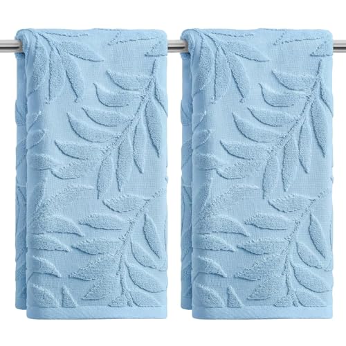 Artoid Mode 2 Pcs Light Blue 3D Leaves Jacquard Hand Towels for Bathroom, 100% Cotton Soft Absorbent Bathroom Decor Towels, 13.7 x 29.5 Inch - color: Light Blue, size: 13.7" x 29.5", 2PCS