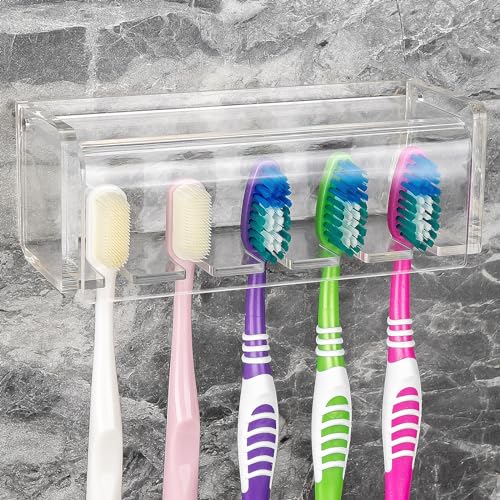 5 Slots Wall Mount Toothbrush Holder with Cover, Self Adhesive Toothbrush Storage Organizer for Shower, Toothbrush Hanger for Bathroom, Medicine Cabinet, Dorm (Clear) - color: Clear 1 Pack