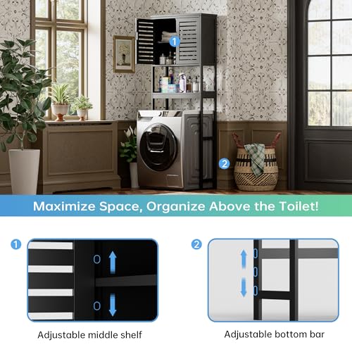 SMIBUY Bathroom Over The Toilet Storage Cabinet, 2 Door Bamboo Cabinet Organizer, Freestanding Space Saver Toilet Rack with Adjustable Inside Shelf and Open Shelf (Black) - color: Black
