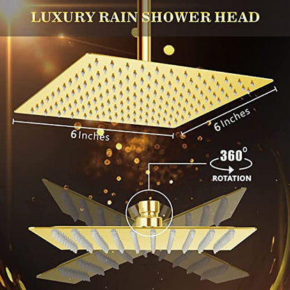 Gold High Pressure Square Rain Shower Head And All Metal Handheld Shower, Equipped With 78"Hose, 3 Way Diverter Valve,Adhesive Shower Head Holder, Luxury Shower Combo - color: Gold, size: 6