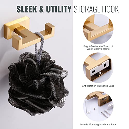 Double Bathroom Towel Hook for Wall Mounted - Gold Modern Towel Holder - Heavy Duty Coat Robe Hooks for Wall - Stainless Steel Shower Towel Hanger - color: Brushed Gold