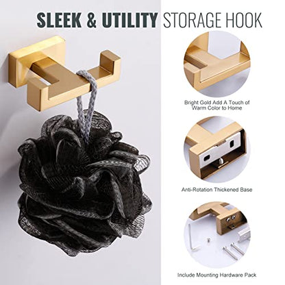 Double Bathroom Towel Hook for Wall Mounted - Gold Modern Towel Holder - Heavy Duty Coat Robe Hooks for Wall - Stainless Steel Shower Towel Hanger - color: Brushed Gold