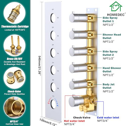 HOMEDEC Multi-Function Shower System with 14x20inch LED and Dual 6inch Shower Heads, 5 Way Valve Ceiling Mount Shower Faucet Set, Brushed Nickel - color: Brushed Nickel, style: 5-Way + 2x 6" Top