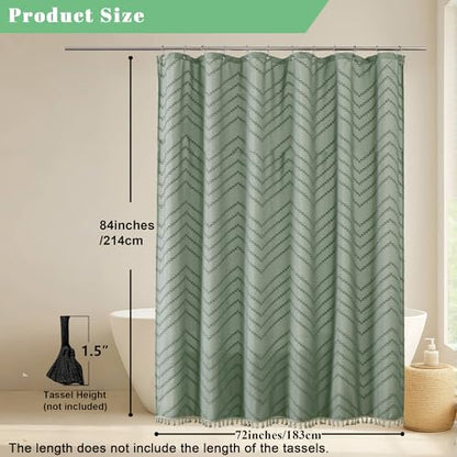 Extra Long Sage Green Boho Shower Curtain, Chic Tufted Chevron Striped Textured Fabric Cloth Shower Curtains with Tassel for Bathroom, Soft Hotel Style Farmhouse, Machine Washable, 72x84 - color: Sage Green, size: 72"W x 84"L (Pack of 1)