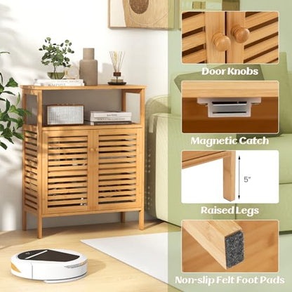 Tangkula Bamboo Floor Cabinet, Bathroom Storage Cabinet with Double Slatted Doors, Open Shelf, Removable Shelf, Storage Organizer for Bathroom Doorway Living Room Kitchen - style: Double Doors