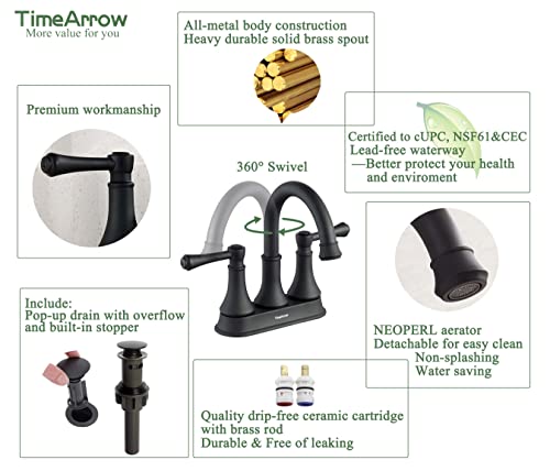 TimeArrow Matte Black Bathroom Sink Faucet for 3 Holes with Pop-up Drain | High Arc Modern 2 Handle 4 Inch Bathroom Faucet, Vanity Lavatory Faucet with 360° Swivel Stainless Steel Spout, TAF067Y-MB - color: Matte Black-067Y