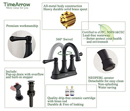 TimeArrow Matte Black Bathroom Sink Faucet for 3 Holes with Pop-up Drain | High Arc Modern 2 Handle 4 Inch Bathroom Faucet, Vanity Lavatory Faucet with 360° Swivel Stainless Steel Spout, TAF067Y-MB - color: Matte Black-067Y