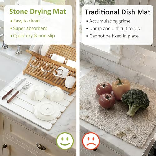 Large Stone Dish Drying Mat for Kitchen Counter, 24"(L)×16"(W), Collapsible Quick Dry Diatomaceous Earth Mat, Super Absorbent Drying Pad for Dishes Bottles Cups Utensils, Heat Resistant (White)
