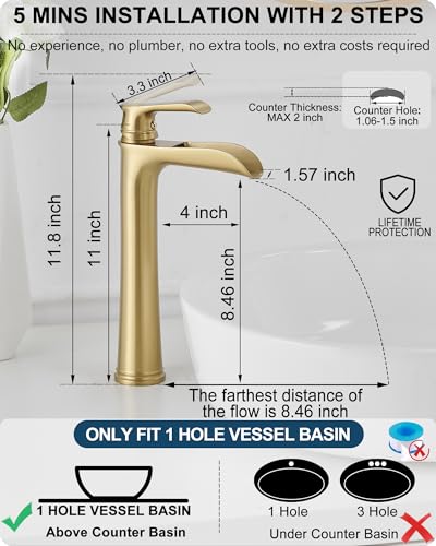 Vessel Sink Faucet, Tall Brass Waterfall Bathroom Faucet 1 Handle Gold Faucets for Bathroom Vanity 1 Hole with Pop-Up Drain & Supply Hoses - color: Brushed Gold-Noble