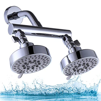 AZOS Double Shower Head with Shut-Off Valve, Bathathroom High Pressure Dual Fixed Rain Shower Head Combo with Brass Dual Outlet Manifold, Adjustable 5 Function Showerhead Chrome - color: Chrome