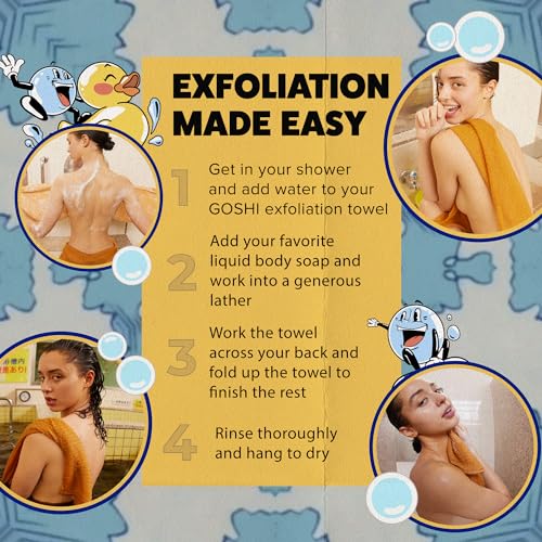 GOSHI Exfoliating Shower Towel - Long Body Scrubber, Orange | For back acne, KP & smooth skin, durable quick dry nylon washcloth, ethically crafted in Gunma, Japan - color: Yellow
