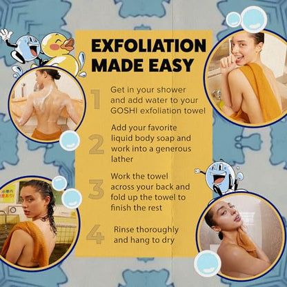 GOSHI Exfoliating Shower Towel - Long Body Scrubber, Orange | For back acne, KP & smooth skin, durable quick dry nylon washcloth, ethically crafted in Gunma, Japan - color: Yellow