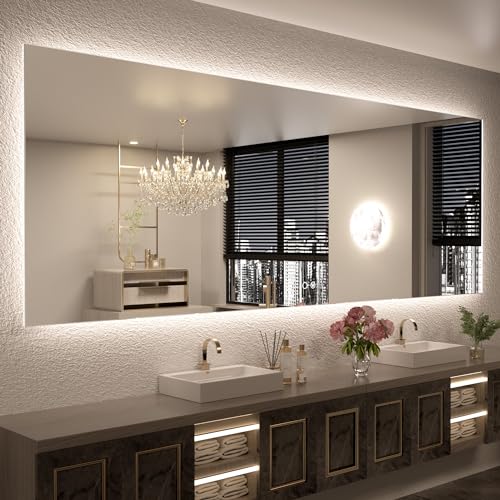 Keonjinn 84" x 32" LED Backlit Mirror Bathroom, Lighted Mirrors for Bathroom Wall, Shatterproof Tempered Glass, 3 Colors Lights, Safe Defogging, UL Listed LED Driver, Dimmable Vanity Mirror - color: Backlit 3-color, size: 32"L x 84"W
