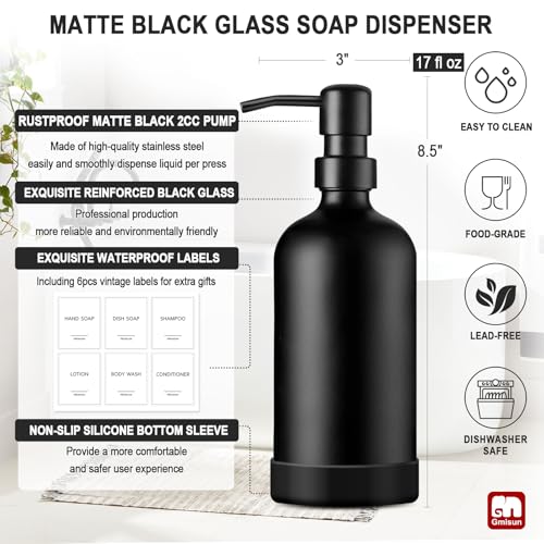 GMISUN Black Soap Dispenser with Silicone Sleeve Boot, 2 Pack Glass Bathroom Hand Soap Dispensers with Stainless Steel Pump, 17 Fl Oz Kitchen Hand and Dish Soap Dispenser Set, Liquid Dispensers Bottle - color: Black Bottle + Black Pump + Silicone Boot, si