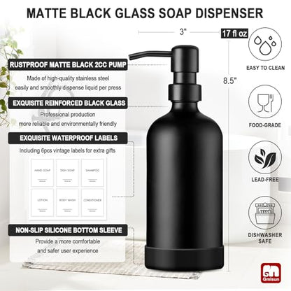 GMISUN Black Soap Dispenser with Silicone Sleeve Boot, 2 Pack Glass Bathroom Hand Soap Dispensers with Stainless Steel Pump, 17 Fl Oz Kitchen Hand and Dish Soap Dispenser Set, Liquid Dispensers Bottle - color: Black Bottle + Black Pump + Silicone Boot, si